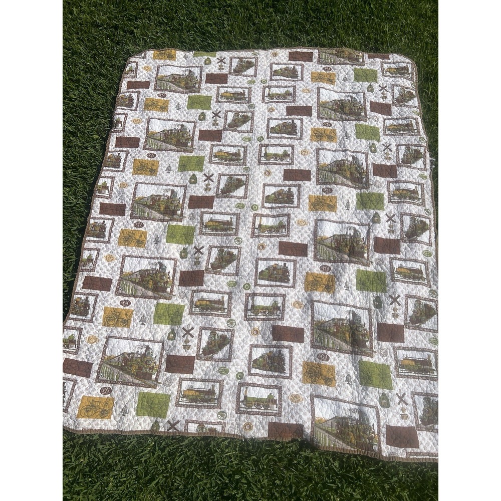 Vintage Railway Train Locomotive CUTTER Quilt 72in X 60in***WELL LOVED SEE PICS